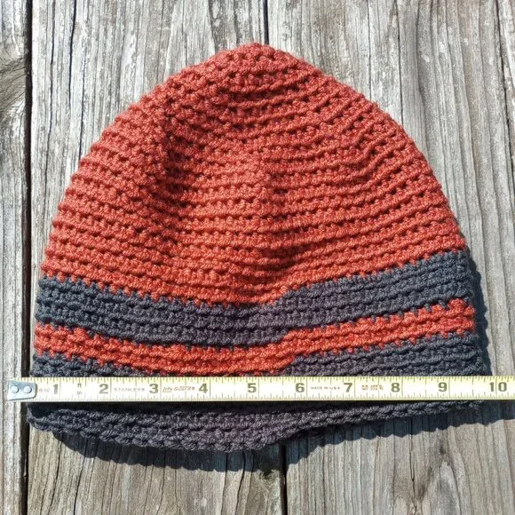 Men's Beanie Hat Handmade Rust Orange Gray Crochet Boating Hiking Outdoors Sz M - Picture 8 of 9